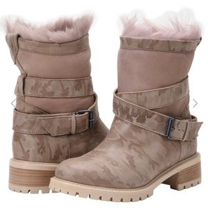 Faux Fur-Trim Combat Boots in Taupe